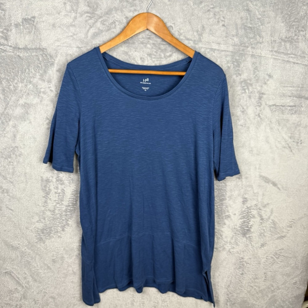 J.Jill Womens Tunic Top Shirt Sz L Tall Pima Cotton Dipped Hem Blue Side Slit